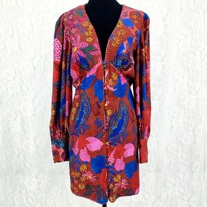 Farm Rio Red Wild Life Mini Dress with Long Puff Sleeves and a V-Neck